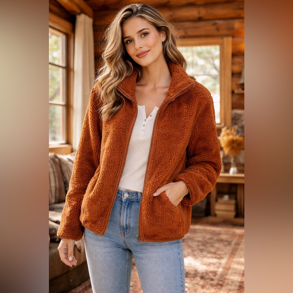 NWT Thread & Supply Wubby Sherpa Moto Jacket Burnt Orange Zip Up Oversized Large